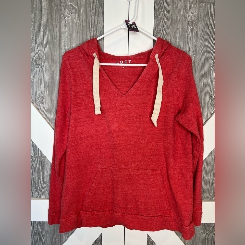 295. LOFT Red Hoodie with Cream Drawstrings Small